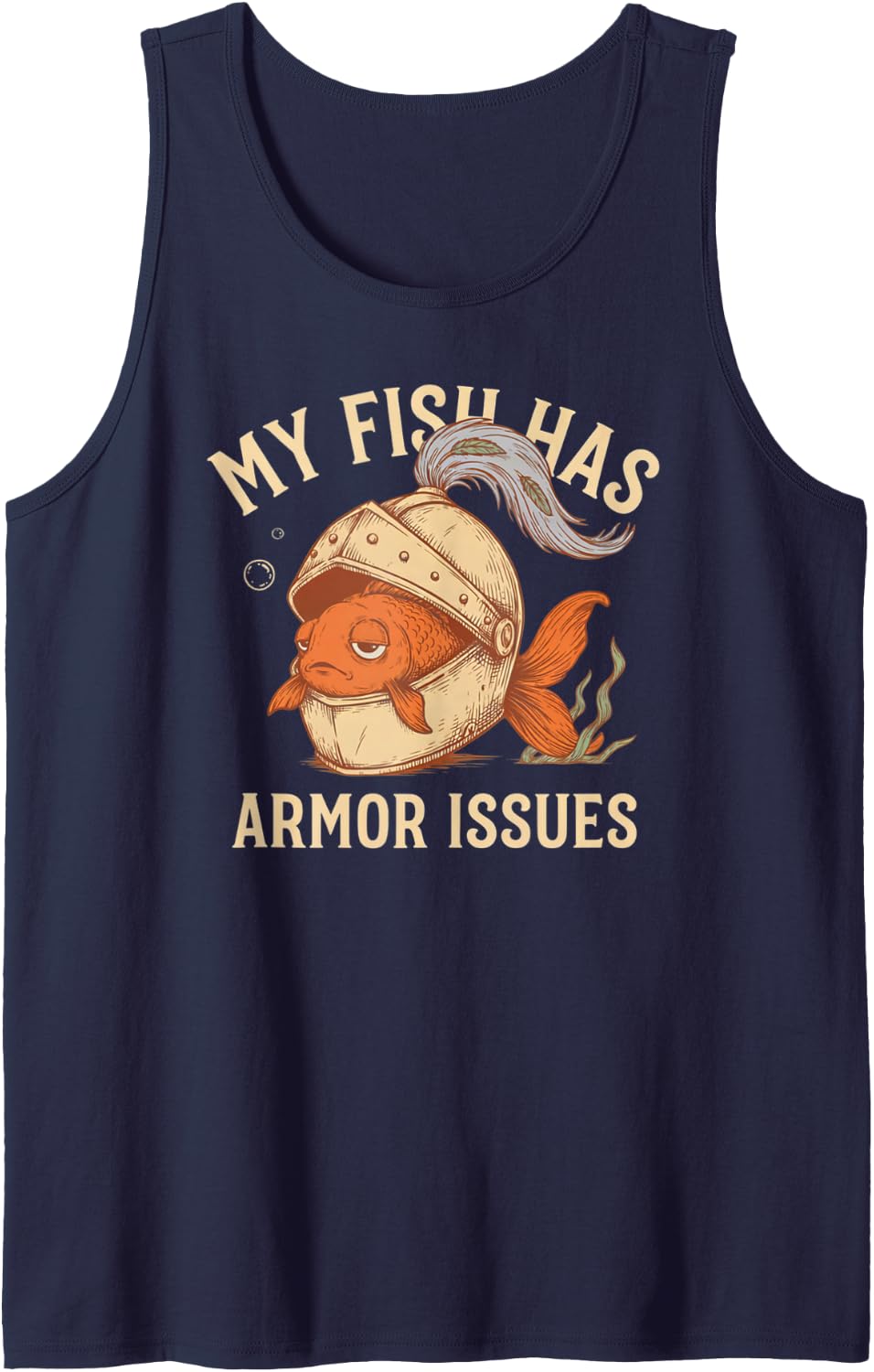 My Fish Has Armor Issues Funny Goldfish Sleepy Plume Sleeveless Tank Top - Navy Blue