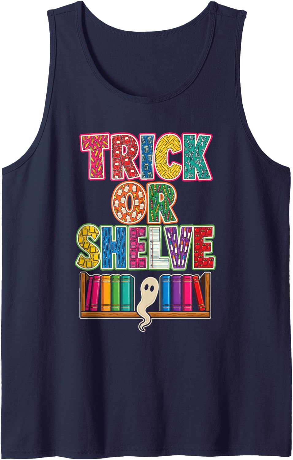 School Librarian Trick Or Shelve Halloween Books Ghost Sleeveless Tank Top - Navy Blue