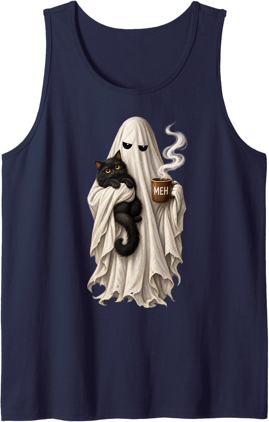 Spooky Ghost Holding Black Cat Coffee Lover Funny Halloween Sleeveless Tank Top - Navy Blue