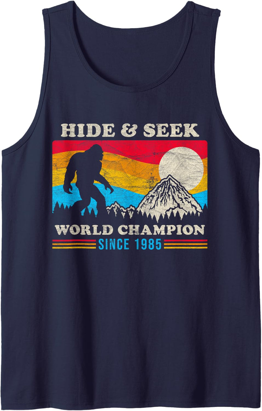 Bigfoot Hide and Seek Vintage 1985 36 Year Old Sasquatch Sleeveless Tank Top - Navy Blue