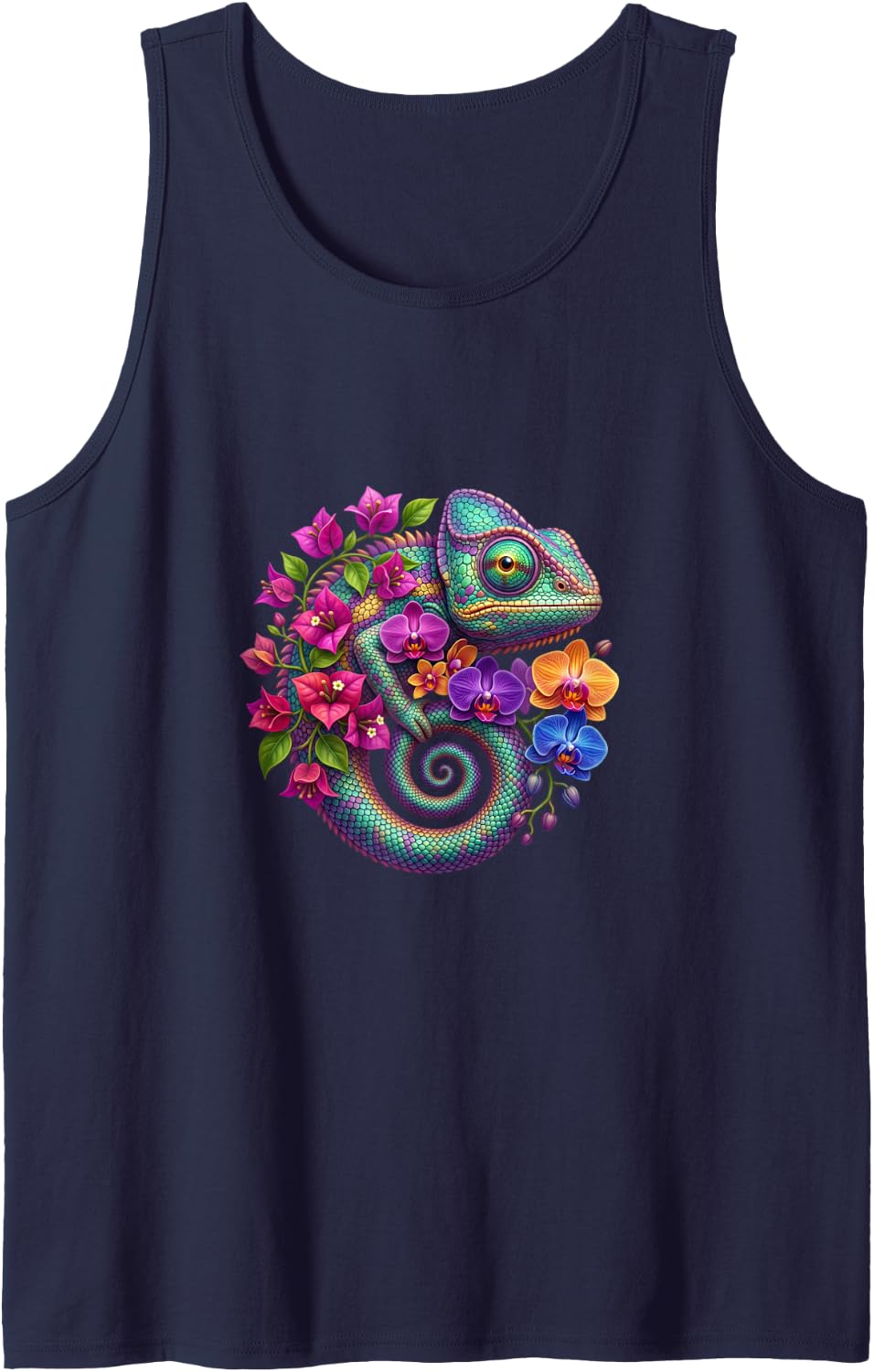 Chameleon with Elegant Orchids Sleeveless Tank Top - Navy Blue