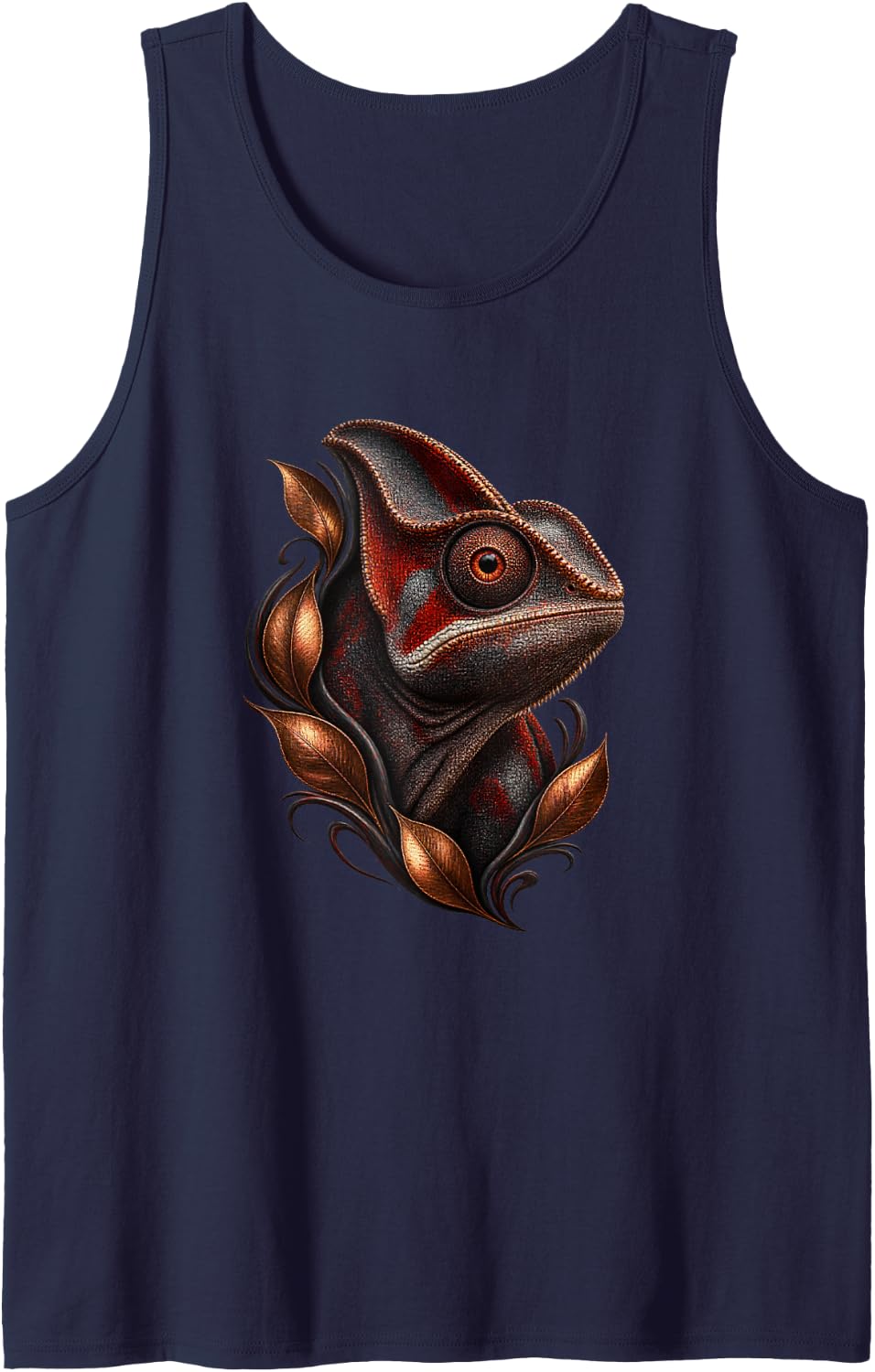 Chameleon with Copper Leaf Storm Reptile Art Sleeveless Tank Top - Navy Blue