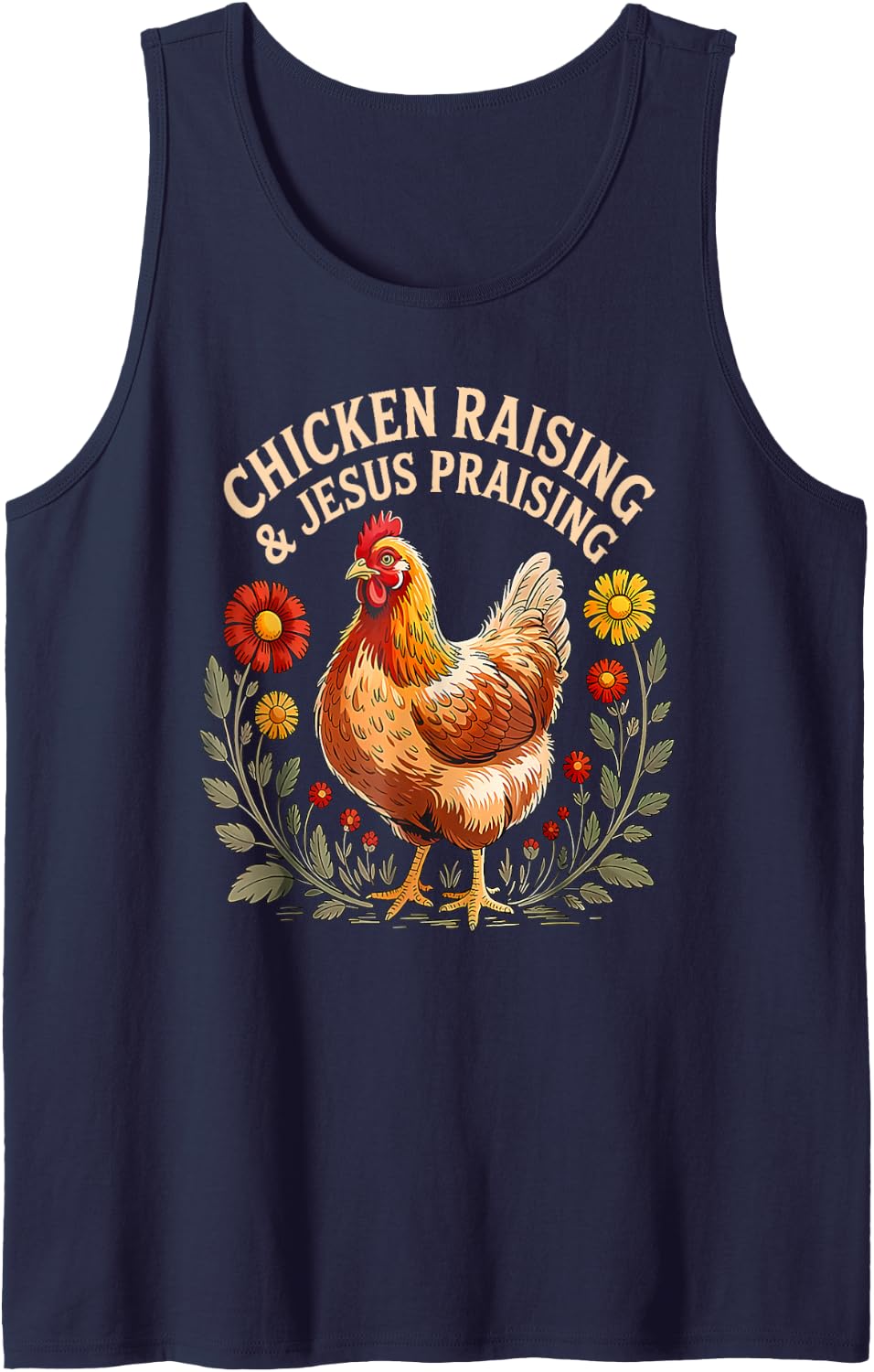 Jesus Prasing and Chicken Raising Funny Faith Farm Girls Sleeveless Tank Top - Navy Blue