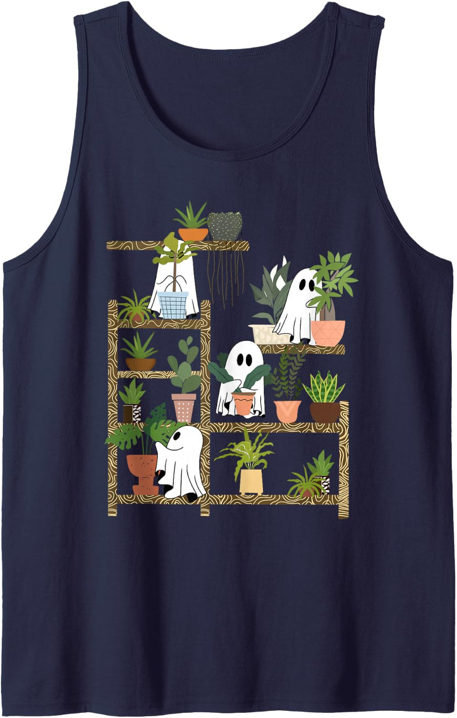 Funny Ghost Plants Spooky Season Trick Or Treat Halloween Sleeveless Tank Top - Navy Blue