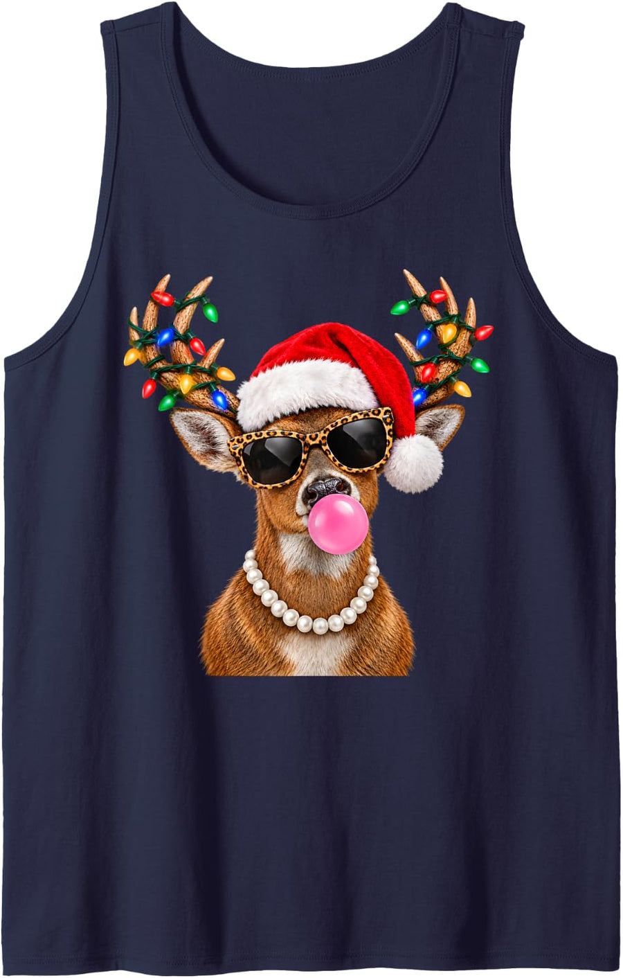 Glam Reindeer Hunting Christmas Lights Santa Whitetail Deer Sleeveless Tank Top - Navy Blue