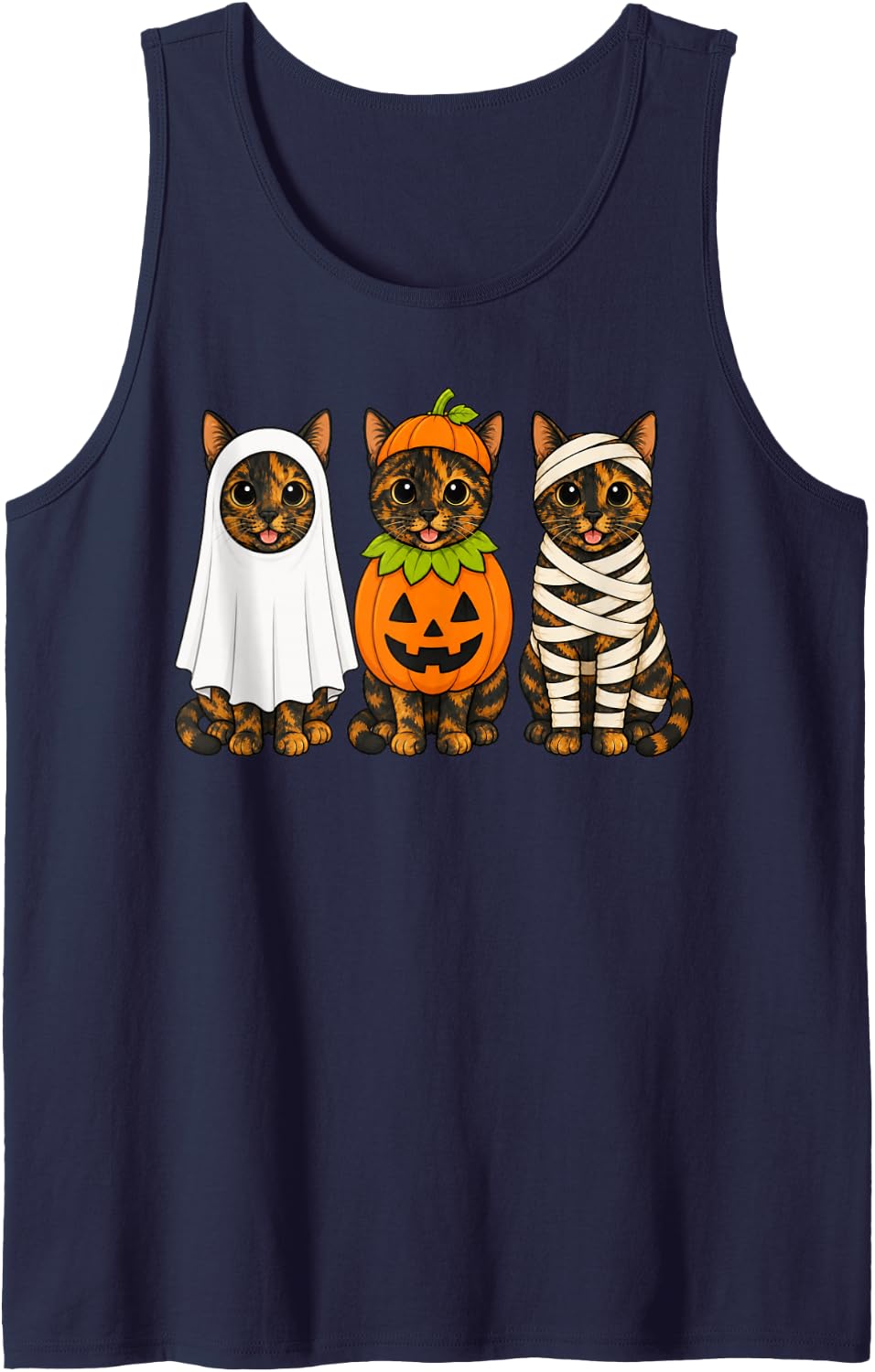 Spooky Tortoiseshell Cat Pumpkin Ghost Halloween Tank Top - Navy Blue