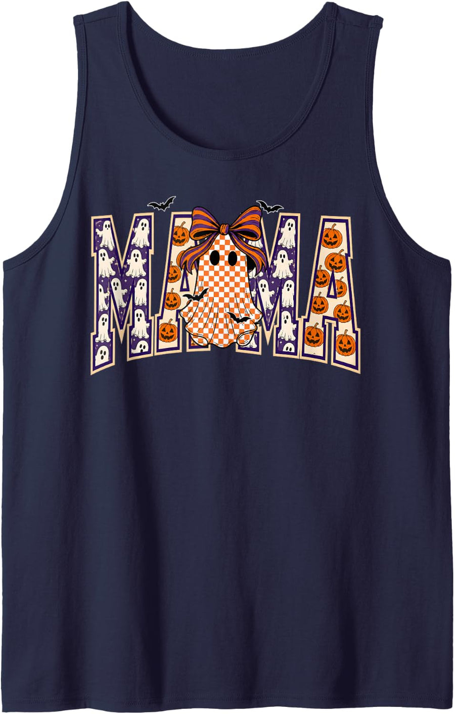 Retro Checkered Pumpkin Ghost Mama Halloween Mom Spooky Sleeveless Tank Top - Navy Blue