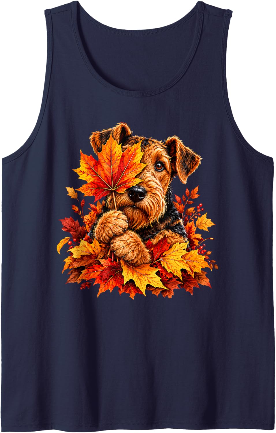 Fall Airedale Terrier with Maple Leaves Dog Autumn Season Sleeveless Tank Top - Navy Blue