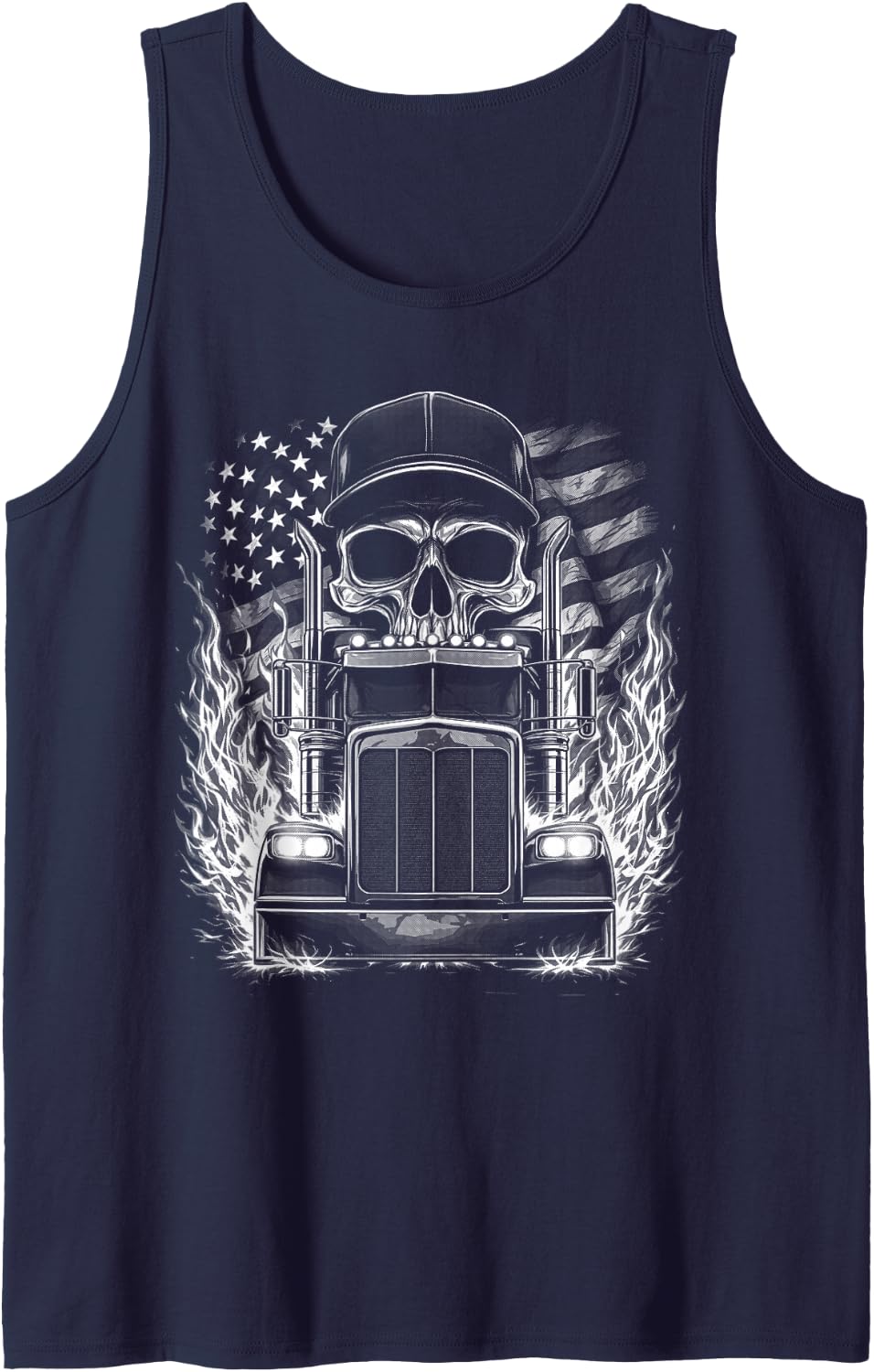 Trucker Patriotic American Flag Semi Truck Driver Skull Tank Top - Navy Blue