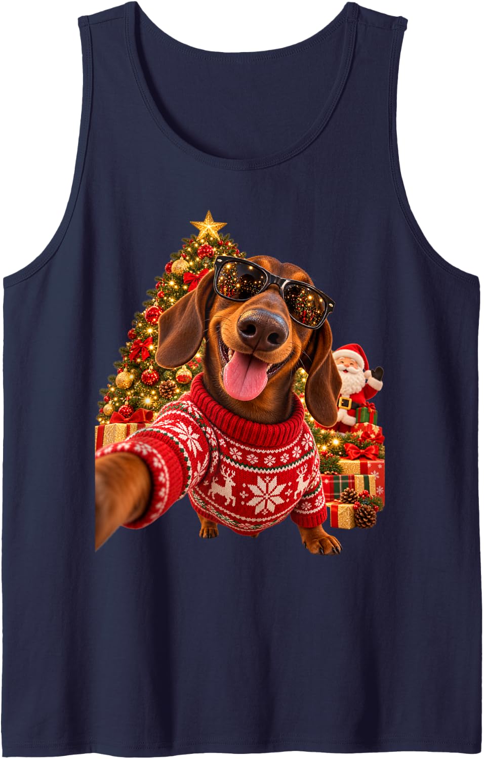 Funny Dachshund Christmas Selfie Dog Holiday Sleeveless Tank Top - Navy Blue