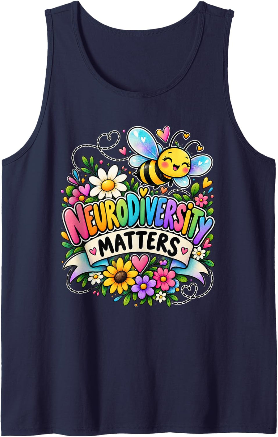 Neurodiversity Matters Cute Bee Flowers Awareness Support Sleeveless Tank Top - Navy Blue