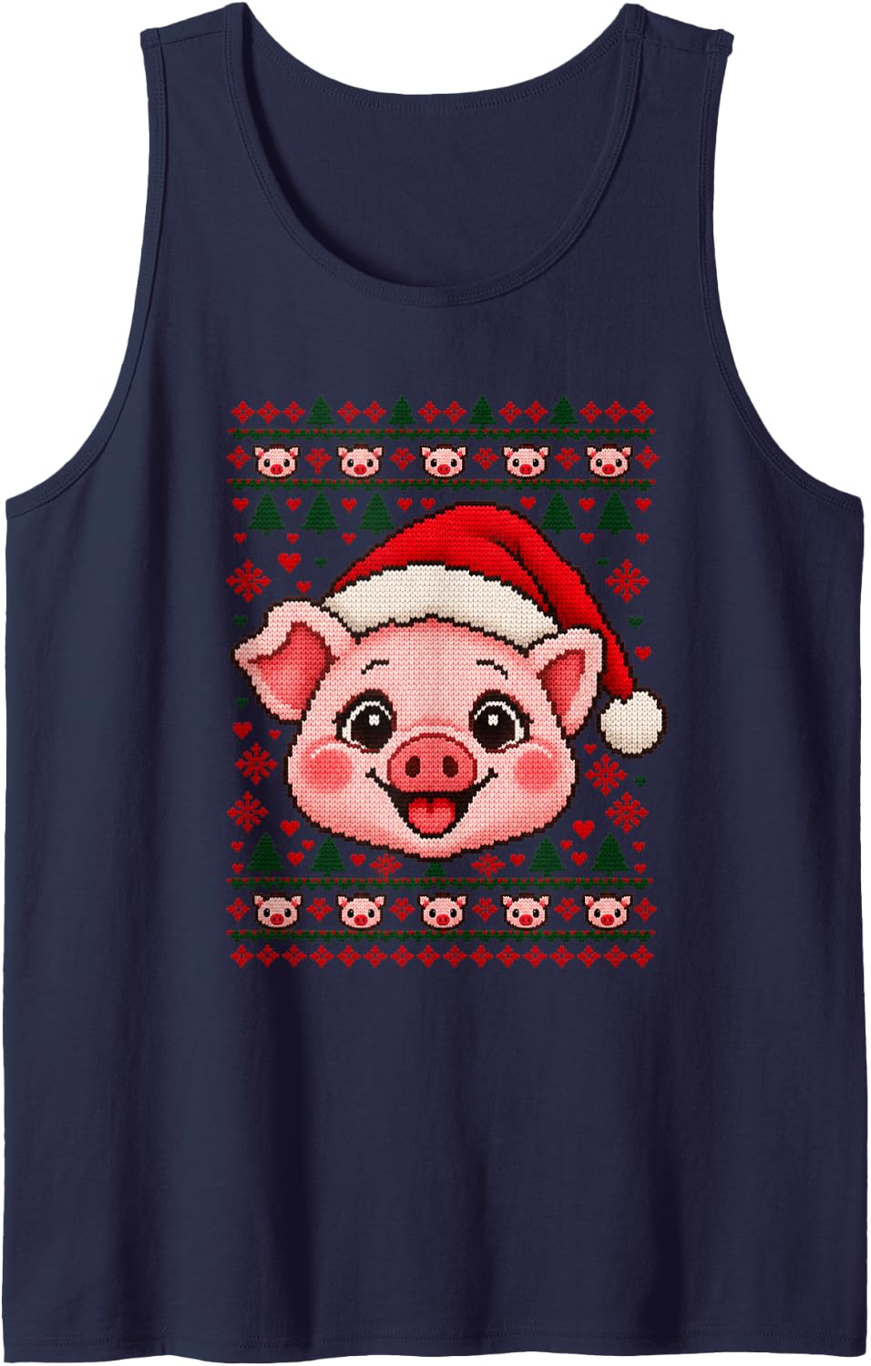 Happy Pig Christmas Santa Hat Sweater Men Women Sleeveless Tank Top - Navy Blue