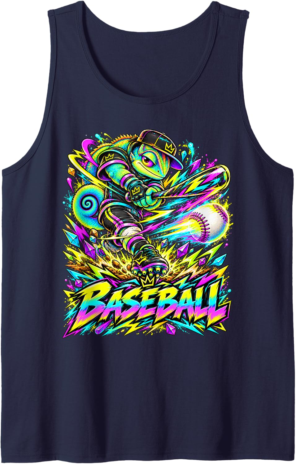 Chameleon Baseball Swing Colorful Sports Cartoon Art Sleeveless Tank Top - Navy Blue