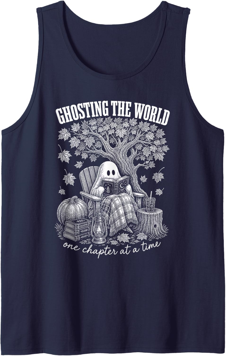 Halloween Ghost Reading Teacher Books Bookworm Fall Vibes Sleeveless Tank Top - Navy Blue