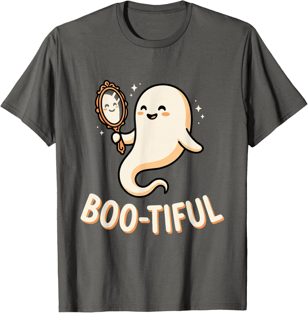 Cute Ghost Holding Mirror Halloween Pun Self Love Sparkles T-Shirt - Asphalt Grey