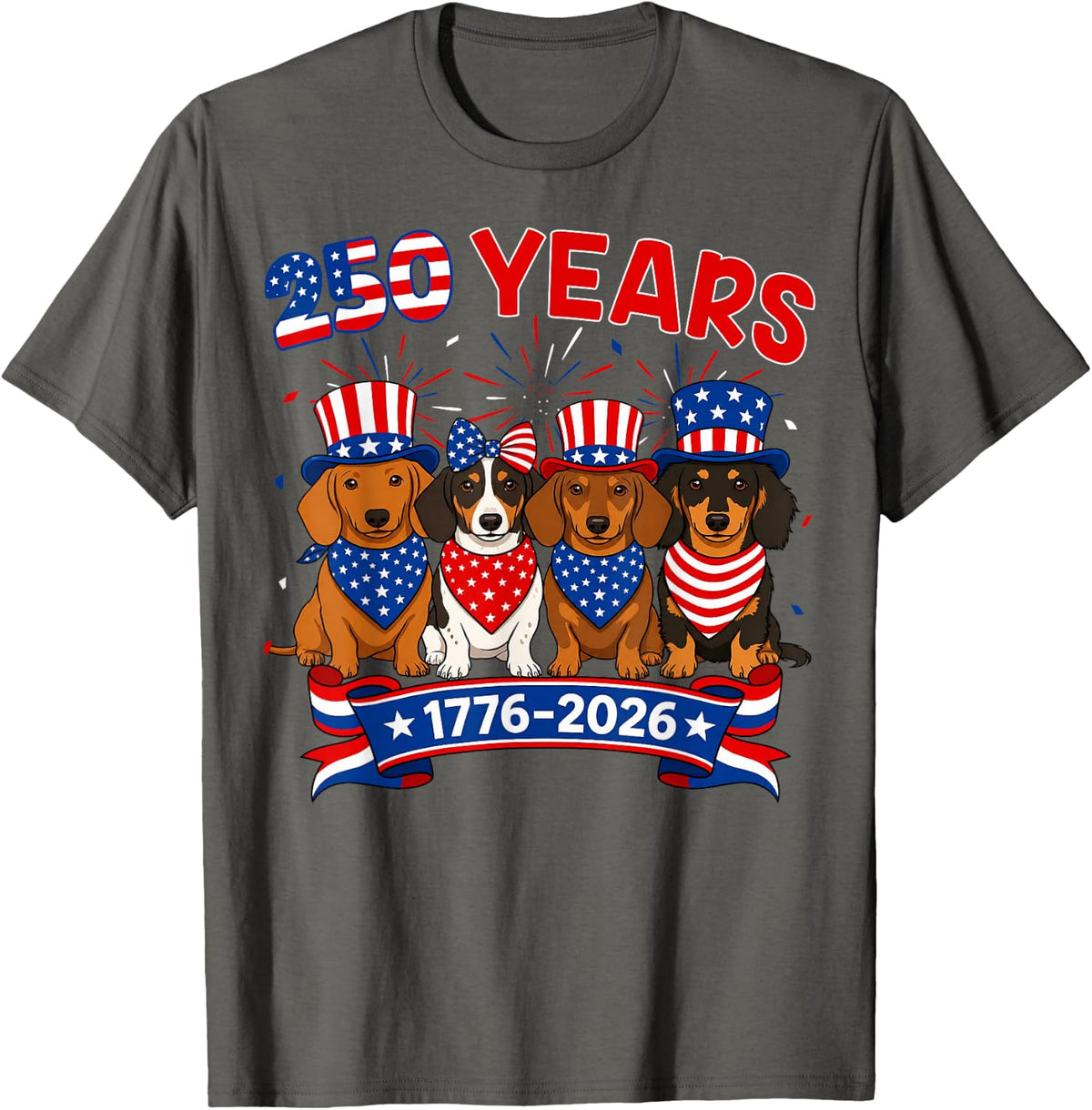 250 Years American 1776 2026 Dog Dachshund 4th of July T-Shirt - Asphalt Grey