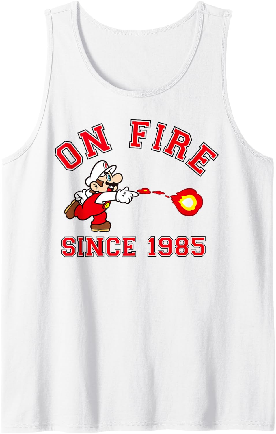 Super Mario Bros On Fire Since 1985 Red Text Collegiate Tank Top - White