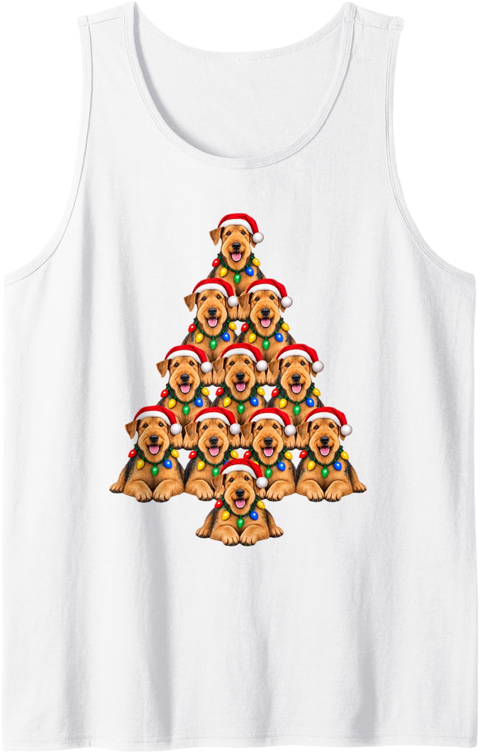 Airedale Terrier Christmas Tree Santa Hat Pet Dogs Lover Sleeveless Tank Top - White