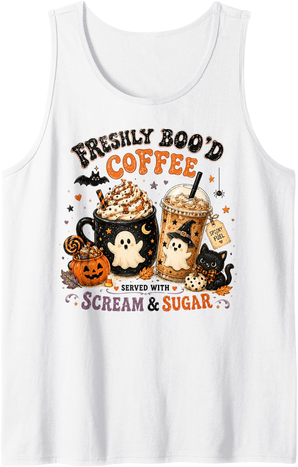 Freshly Boo'd Coffee Cute Halloween Ghost Cafe Art Sleeveless Tank Top - White