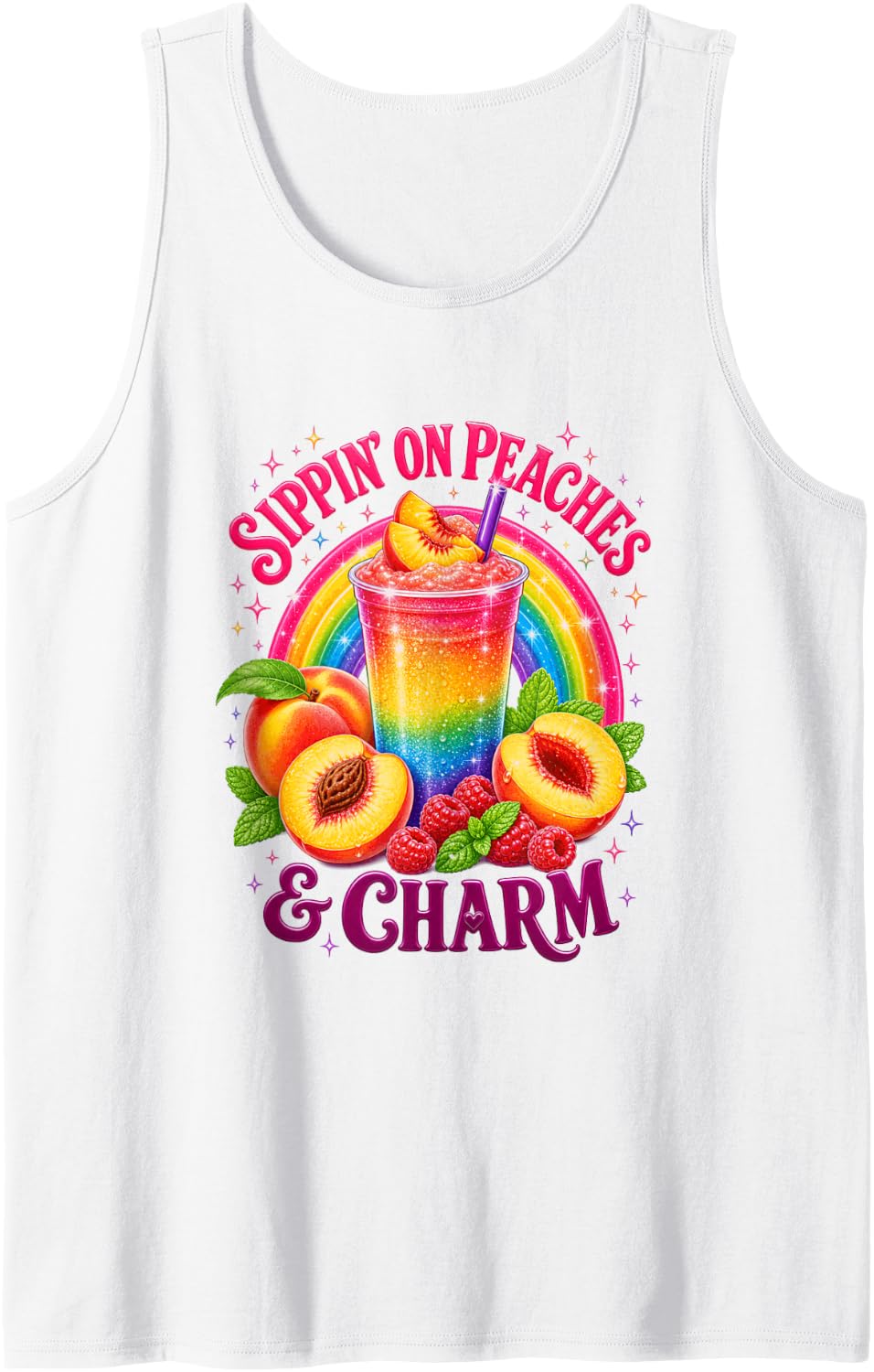 Peach Slush Sippin' On Peaches Fruit Lover Rainbow Sleeveless Tank Top - White