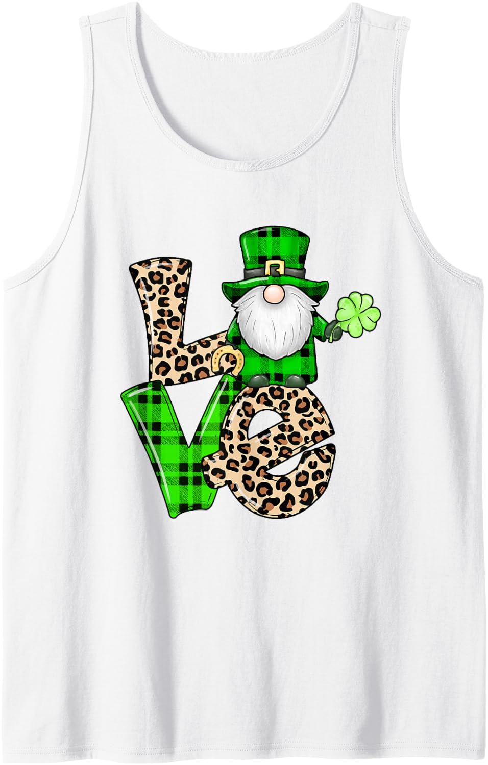 Leopard Shamrock Gnome Leprechaun Love St. Patricks Day Sleeveless Tank Top - White
