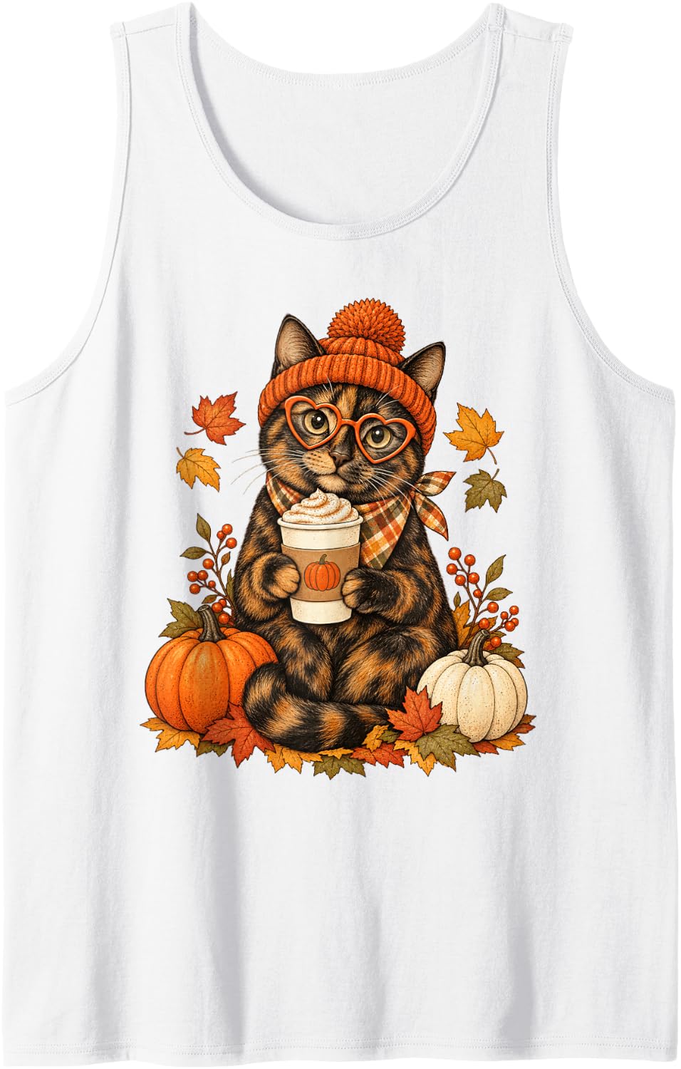 Tortoiseshell Cat Fall Autumn Season Pumpkin Spice Sleeveless Tank Top - White