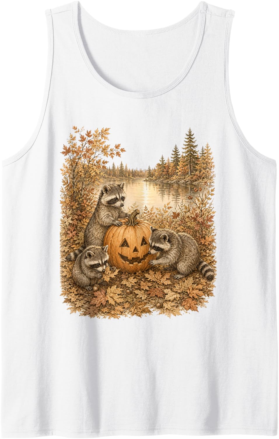 Halloween Raccoon Pumpkin Fall Forest Spooky Season Sleeveless Tank Top - White
