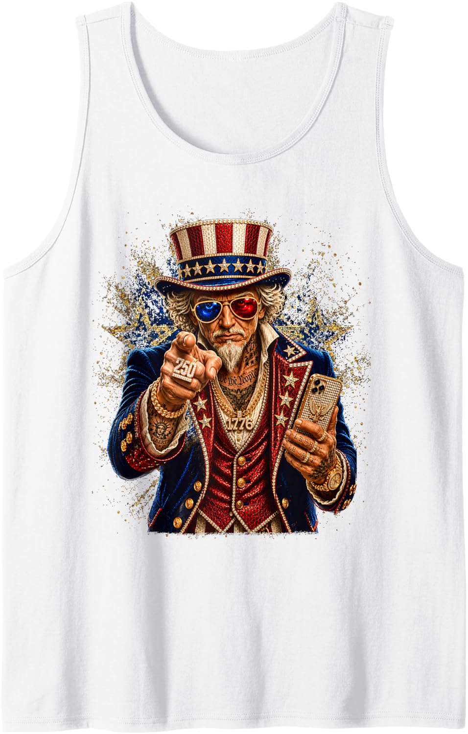 Uncle Sam Glam Labor Day Slam Patriotic America 250 Tank Top - White