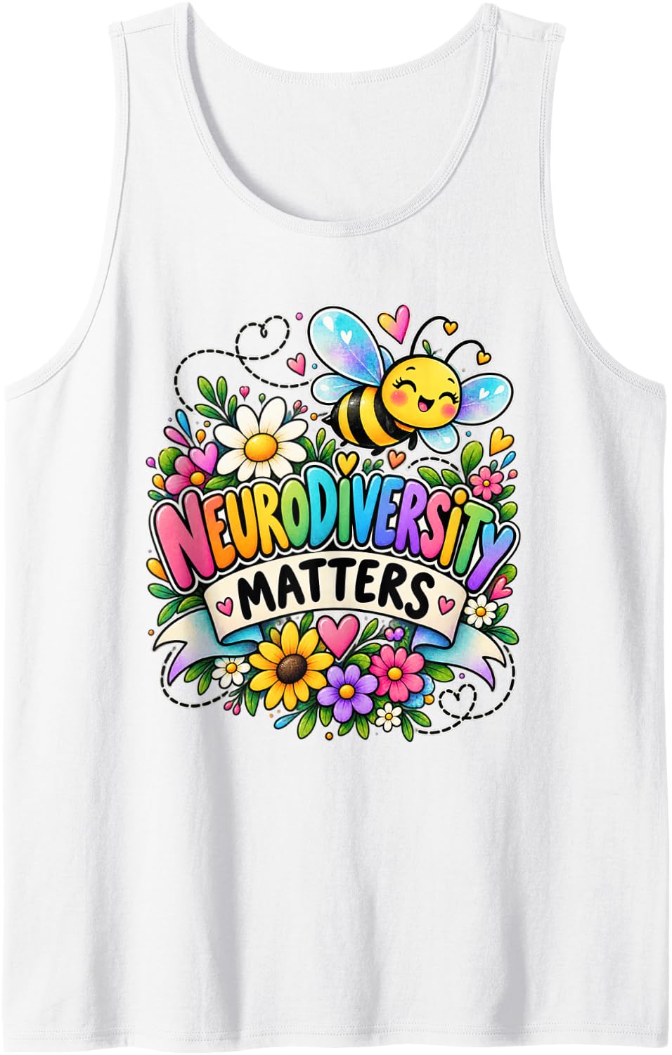Neurodiversity Matters Cute Bee Flowers Awareness Support Sleeveless Tank Top - White