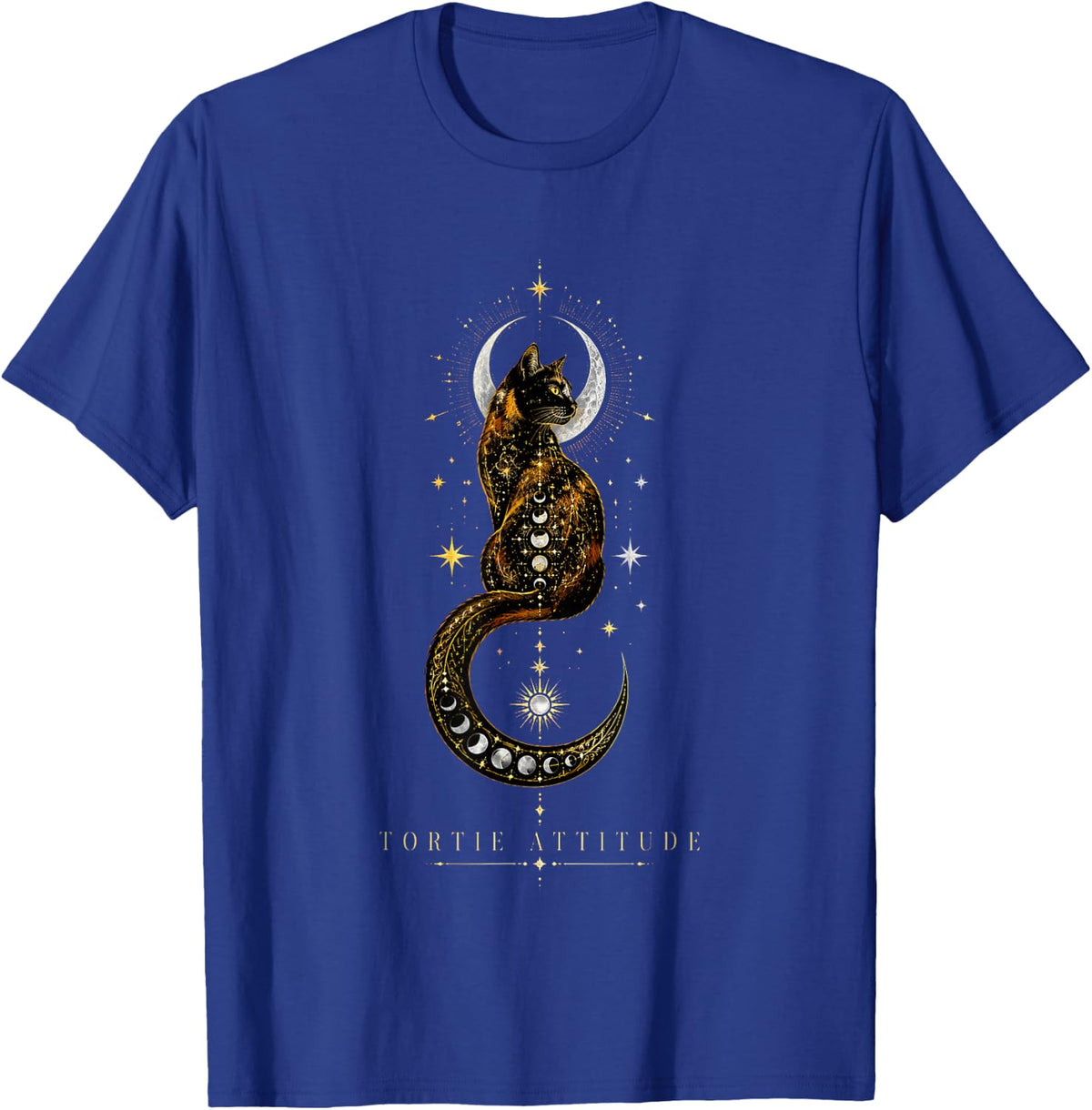 Tortie Attitude Celestial Feline Crescent Moon Art T-Shirt - Royal Blue