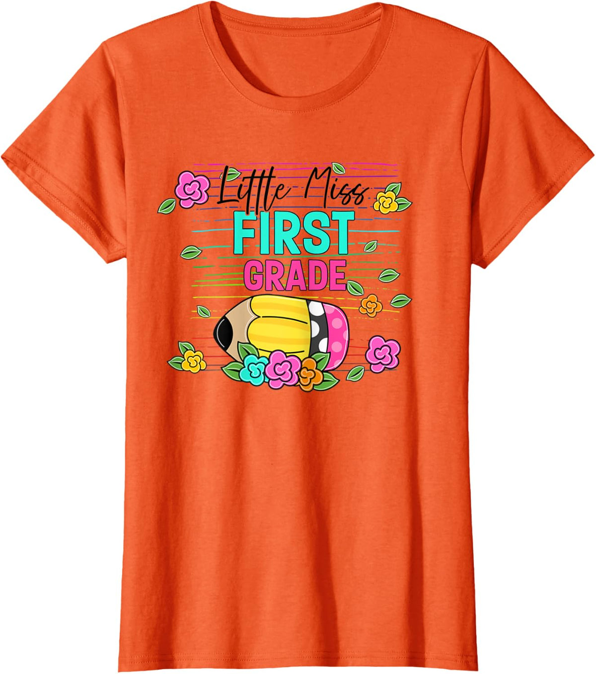 Little Miss 1st Grade Girls Cute Pencil Back To School T-Shirt - Orange