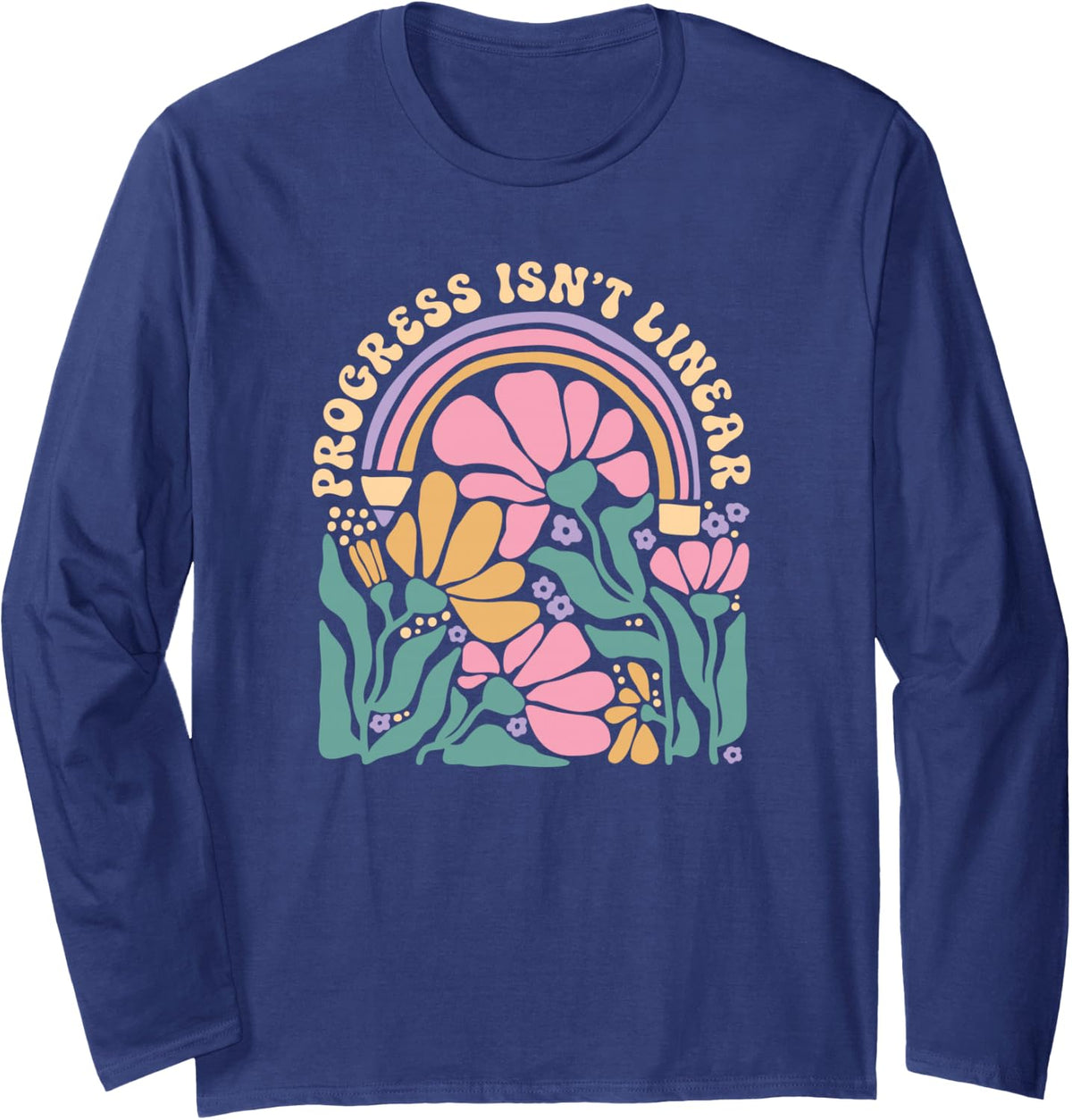 Progress Isn't Linear Retro Boho Flowers Long Sleeve T-Shirt - Adult Unisex Navy Blue