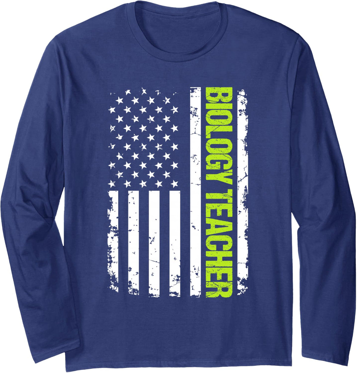 Biology Teacher USA Flag Long Sleeve T-Shirt - Adult Unisex Navy Blue
