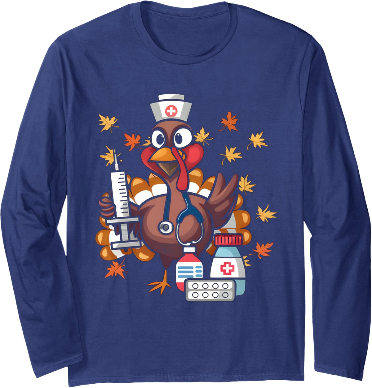 Thanksgiving Nurse Turkey RN ICU ER NICU Nurse Crew Women Long Sleeve T-Shirt - Adult Unisex Navy Blue
