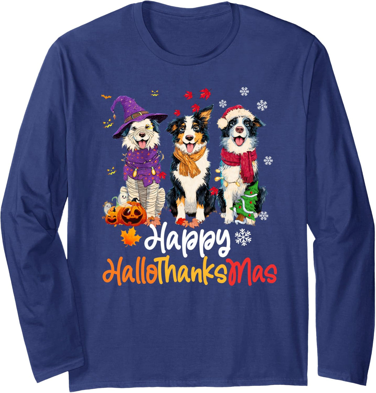 Halloween Thanksgiving Christmas Border Collie Dog Long Sleeve T-Shirt - Adult Unisex Navy Blue