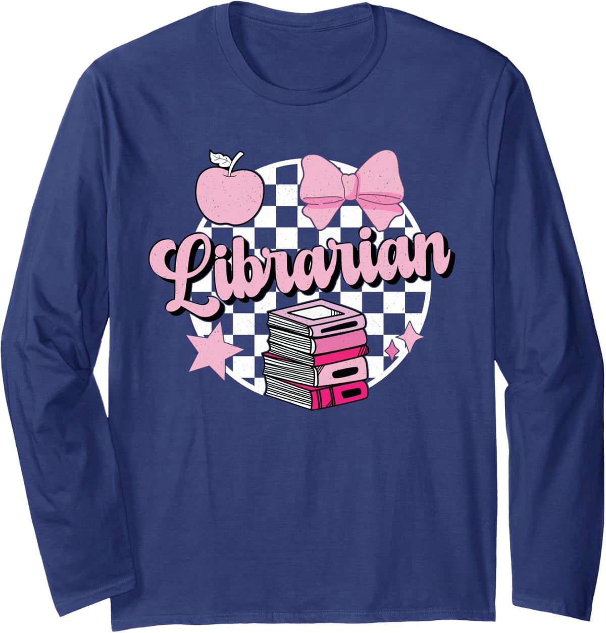 Checkered Librarian Appreciation Back to School Bookworm Long Sleeve T-Shirt - Adult Unisex Navy Blue