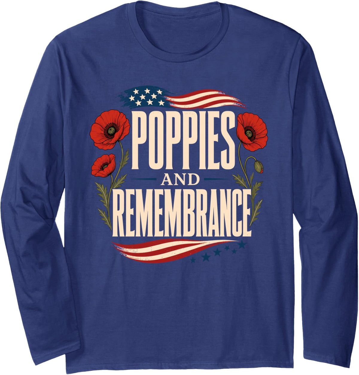 Poppies and Remembrance Flag Memorial Day Long Sleeve T-Shirt - Adult Unisex Navy Blue