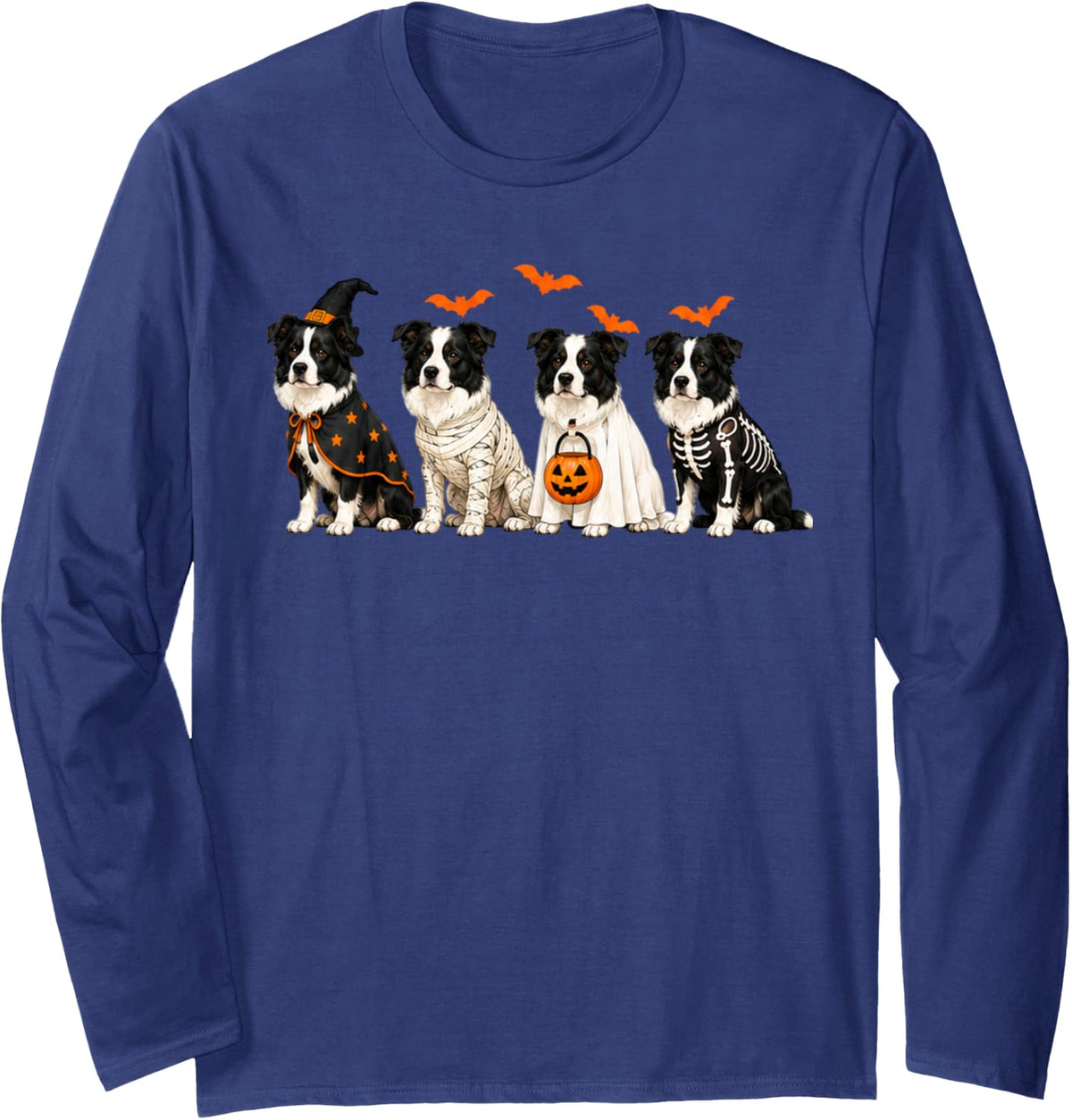 Halloween Border Collie Squad Pumpkin Vampire Mummy Witch Long Sleeve T-Shirt - Adult Unisex Navy Blue