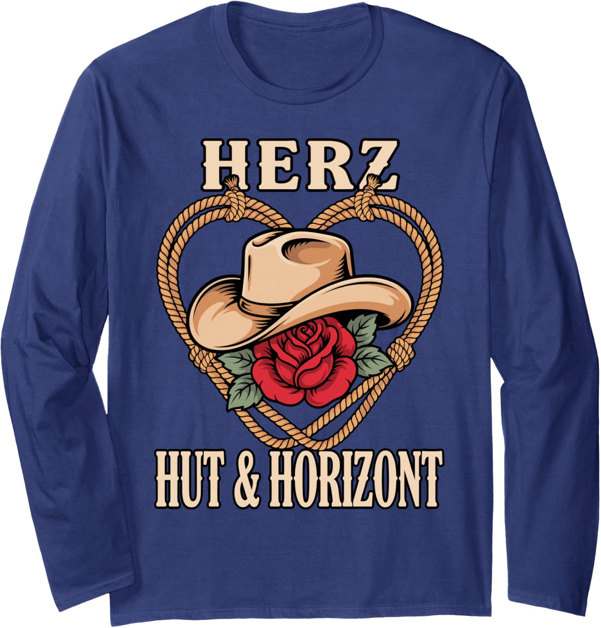 Herz Hut & Horizont Western Cowgirl Rose Rope Heart Long Sleeve T-Shirt - Adult Unisex Navy Blue