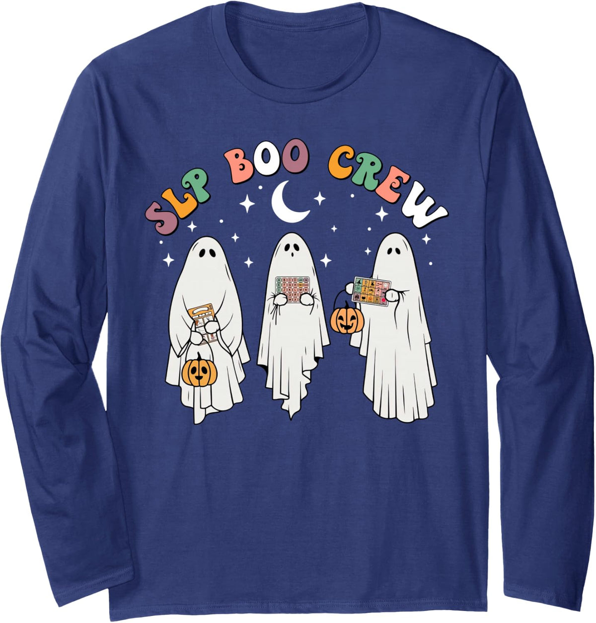 SLP Boo Crew Speech Therapy Ghost Spooky Halloween Costume Long Sleeve T-Shirt - Adult Unisex Navy Blue