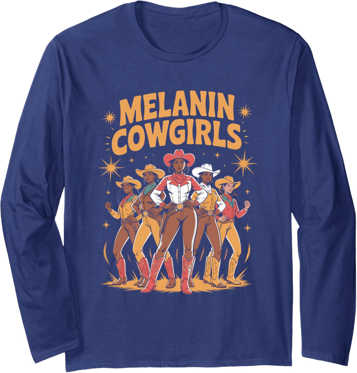 Melanin Cowgirl Swag Retro Western Vibes Long Sleeve T-Shirt - Adult Unisex Navy Blue