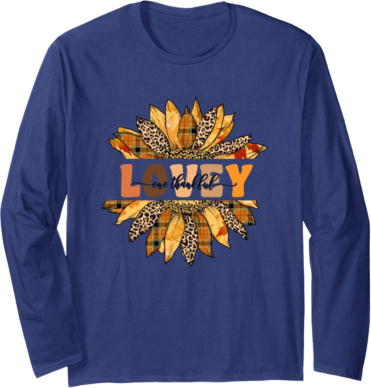 Leopard Sunflower One Thankful Lovey Fall Thanksgiving Long Sleeve T-Shirt - Adult Unisex Navy Blue