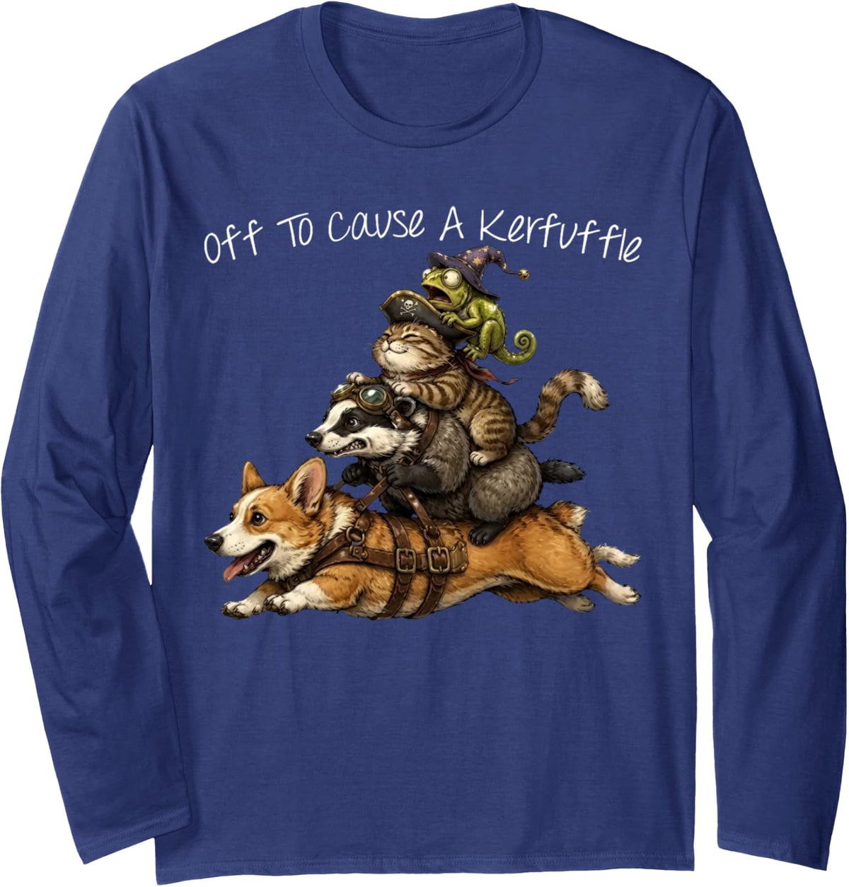 Off to Cause A Kerfuffle Chameleon Cat Badger Riding Corgi Long Sleeve T-Shirt - Adult Unisex Navy Blue