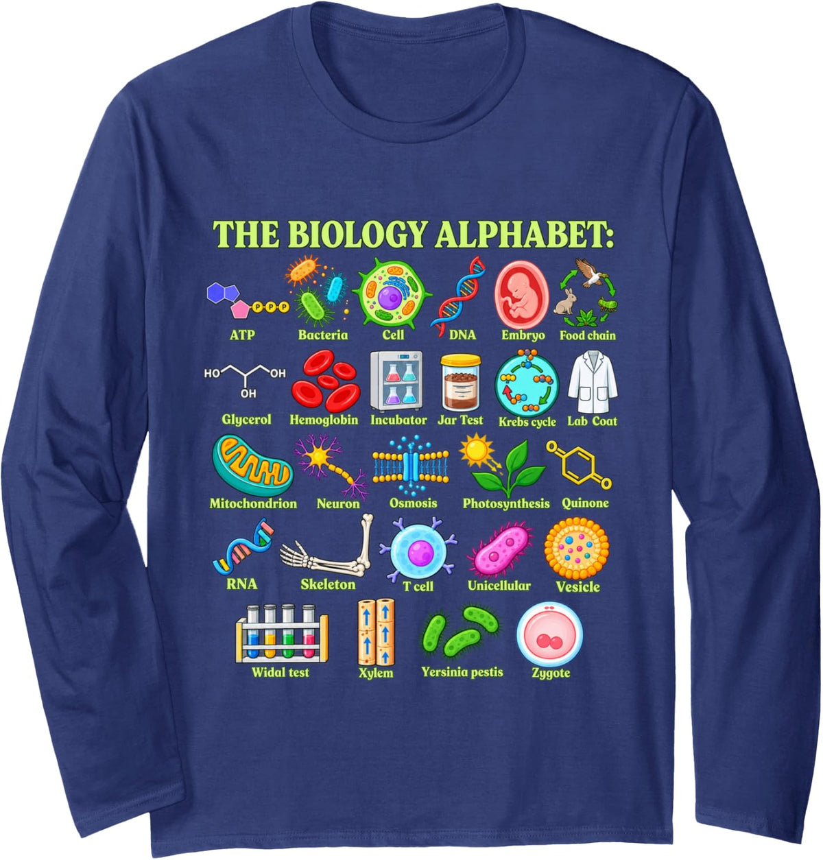 The Biology Alphabet Teacher Science Student Long Sleeve T-Shirt - Adult Unisex Navy Blue