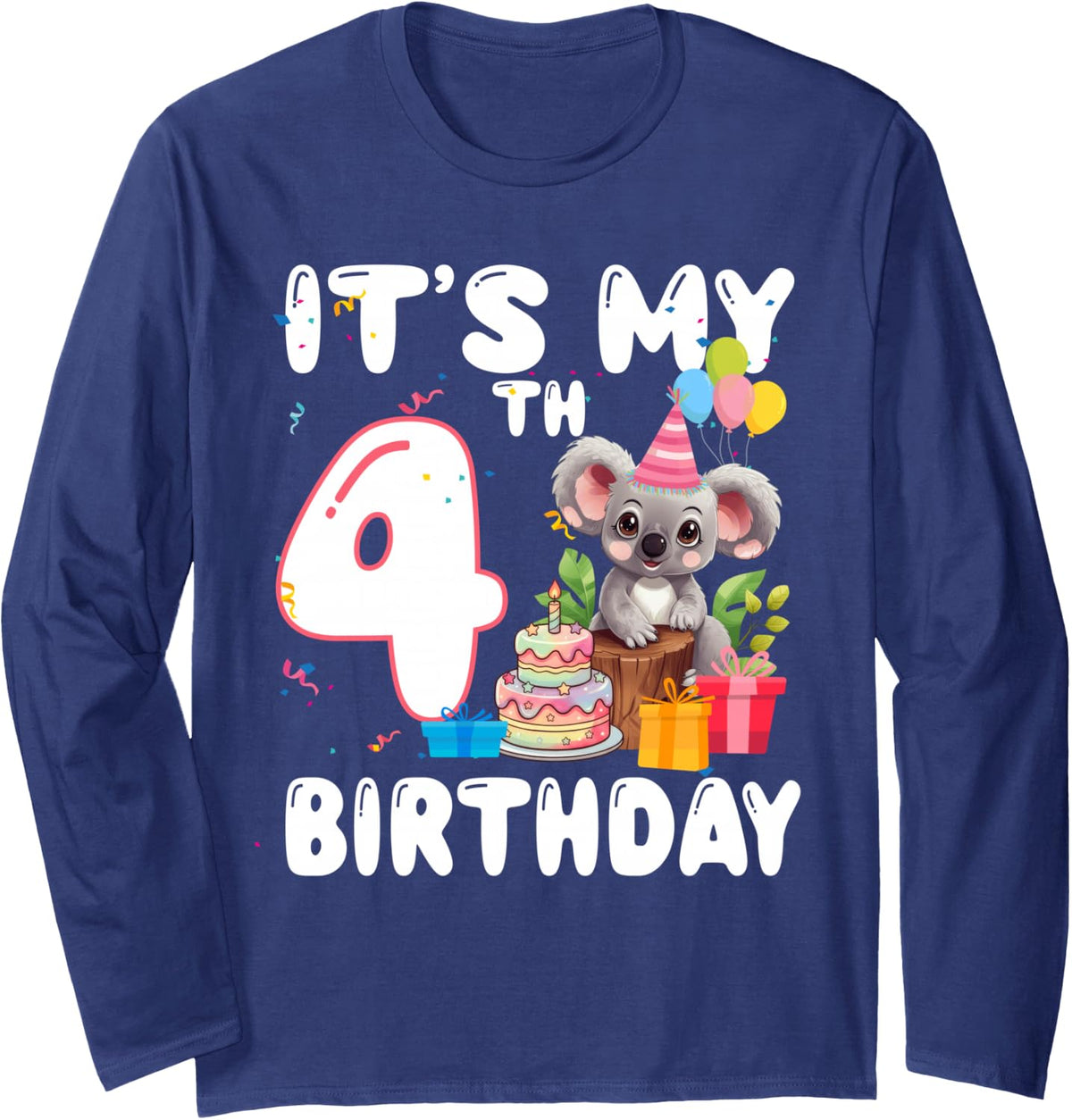 4 Year Old Koala Lover Themed It's My 4th Birthday Long Sleeve T-Shirt - Adult Unisex Navy Blue
