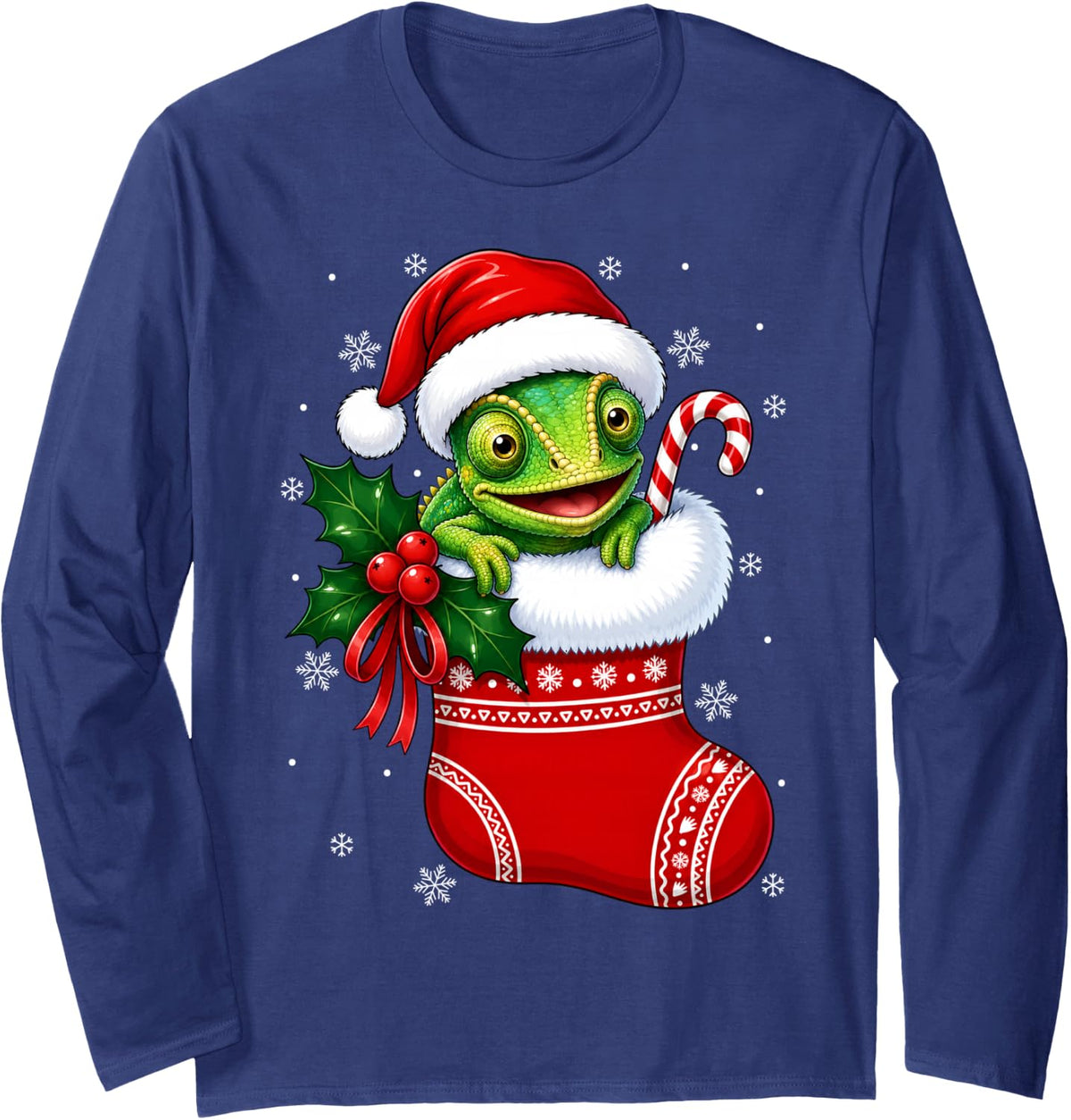 Chameleon Christmas Stocking Cute Festive Chameleon Xmas Long Sleeve T-Shirt - Adult Unisex Navy Blue