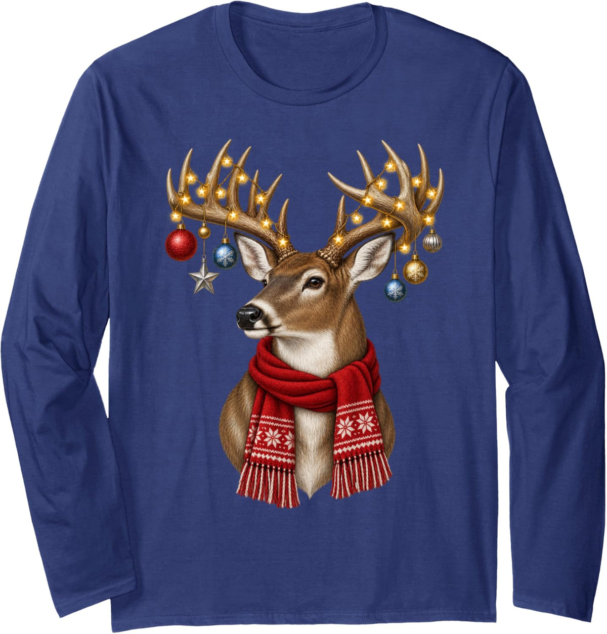 Whitetail Buck Deer Christmas Star Lights Scarf Xmas Holiday Long Sleeve T-Shirt - Adult Unisex Navy Blue