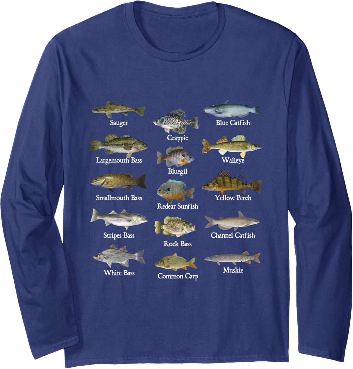 Types of Fish Sauger Crappie Blue Catfish Fishing Long Sleeve T-Shirt - Adult Unisex Navy Blue