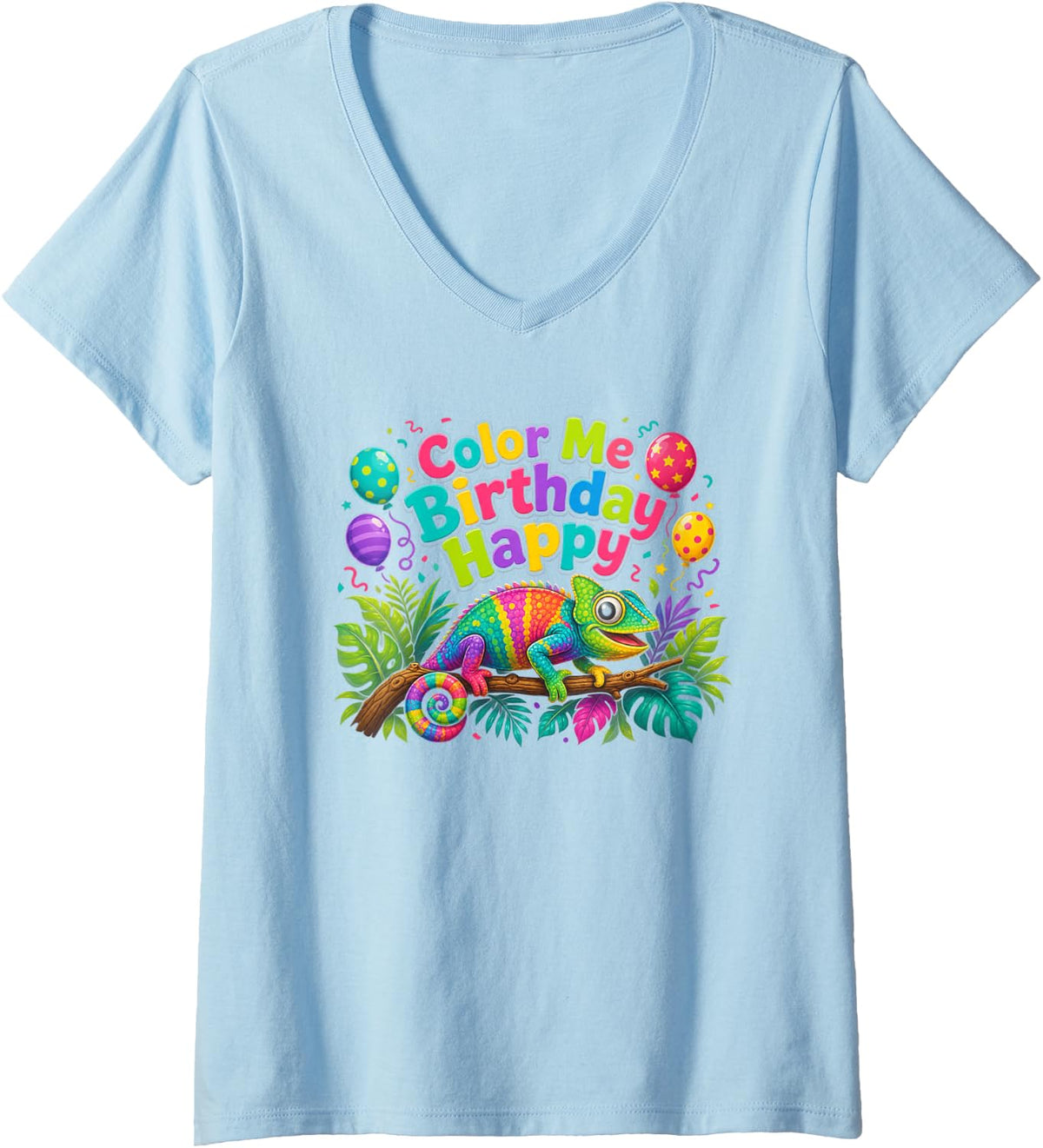 Women's Reptile Birthday Color Me Happy Chameleon V-Neck T-Shirt - Baby Blue