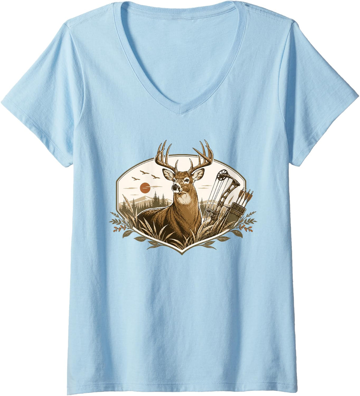 Women's Buck Deer Bow Hunting Forest Sunset Hunter V-Neck T-Shirt - Baby Blue